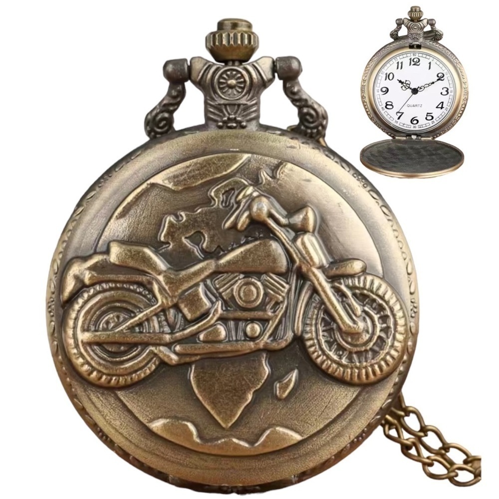 Motorcycle Pocket Watch Bronze Flip Open Pendant Chain Moto Steampunk Watch